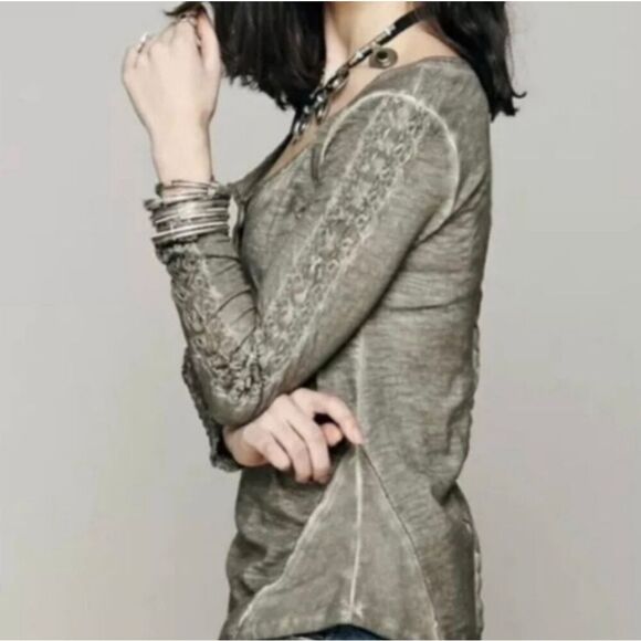 Free People Shell sleeve lace trim Henley turquoise small - Picture 11 of 11